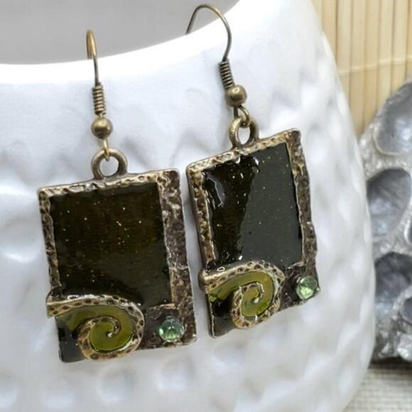 Antiqued Enamel Crystal Earrings Green Rectangle - Picture 1 of 8